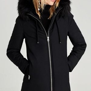 Zara Basic Outerwear Black Parka With Hood Size L